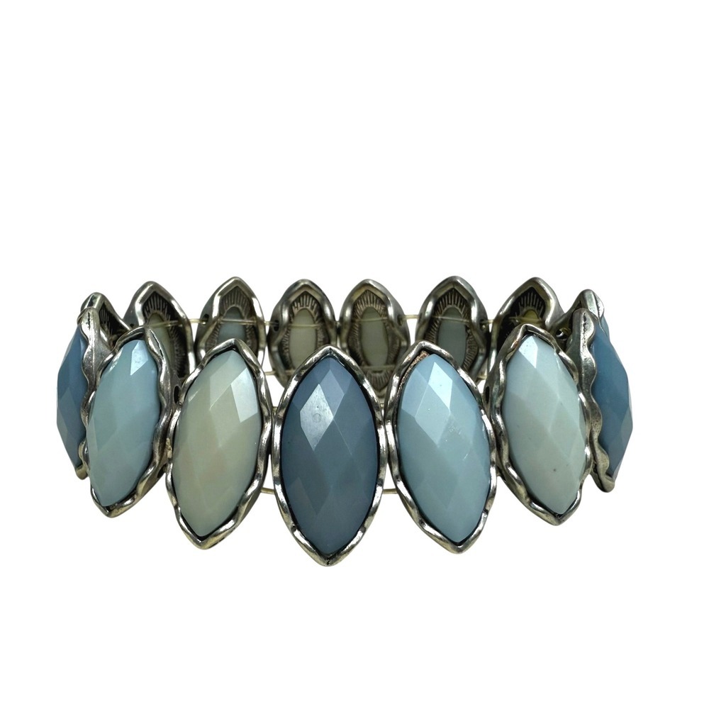 Silver Tone Faceted Acrylic Bead Bracelet Blue Stretch Fashion Jewelry Size 6.5